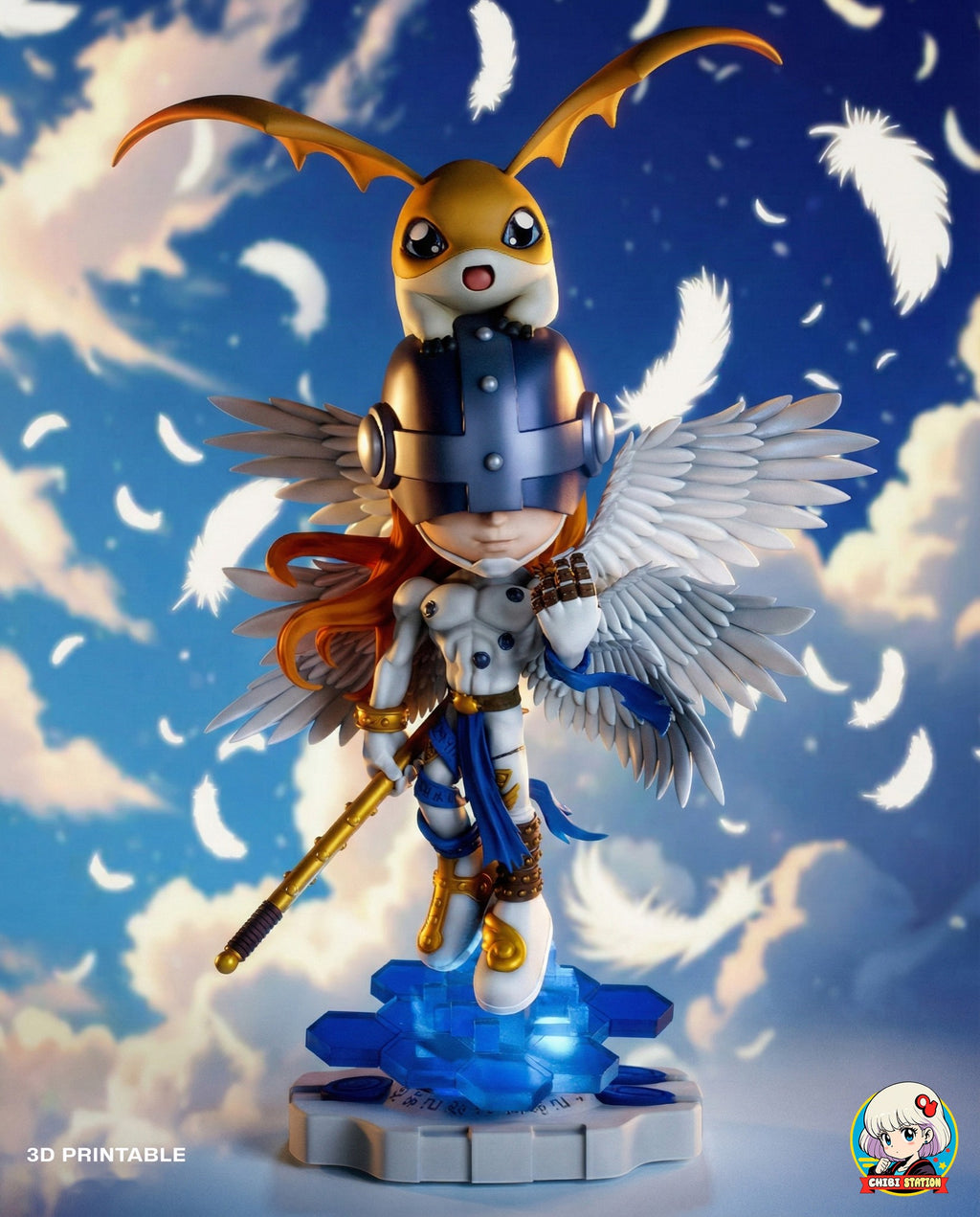 Sculptor's render (kit ships unpainted): the figure with the creature companion against a painted cloudy sky with falling feathers (backdrop is render scenery)