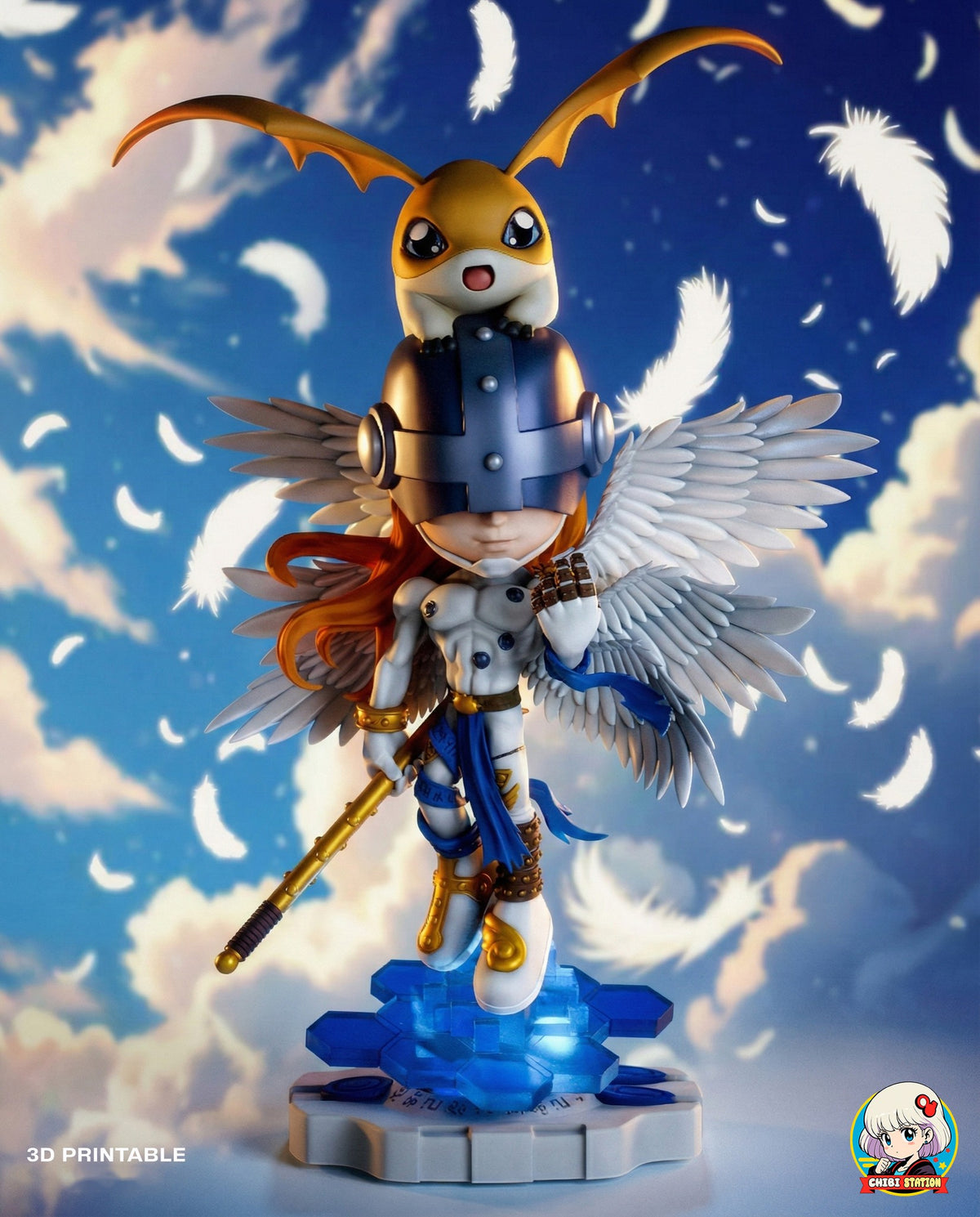 Sculptor's render (kit ships unpainted): the figure with the creature companion against a painted cloudy sky with falling feathers (backdrop is render scenery)