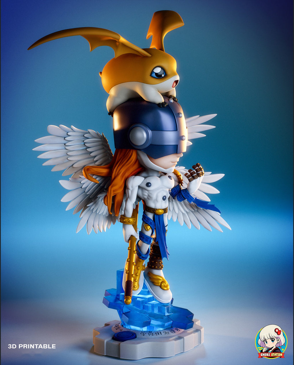 Sculptor's render (kit ships unpainted): side view with the creature companion, showing the layered wings and the stepped blue cubes he stands on