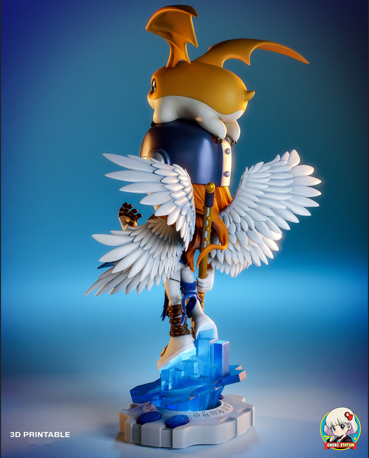 Sculptor's render (kit ships unpainted): rear three-quarter view with the creature companion, showing the backs of the wings, the long orange hair and the staff