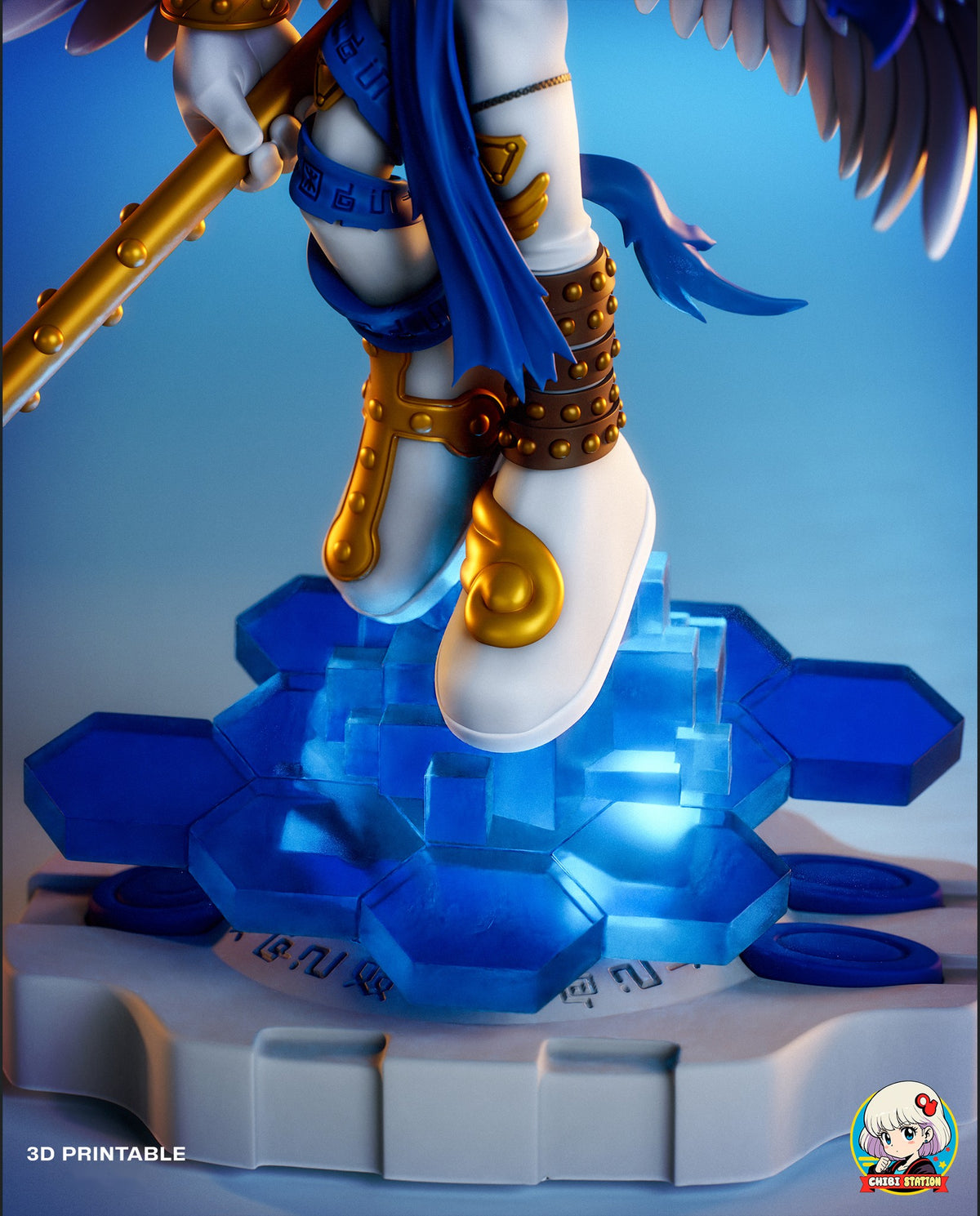 Sculptor's render (kit ships unpainted): close-up of the boots with gold and brown studded straps over the glowing hexagon tiles and the gray base