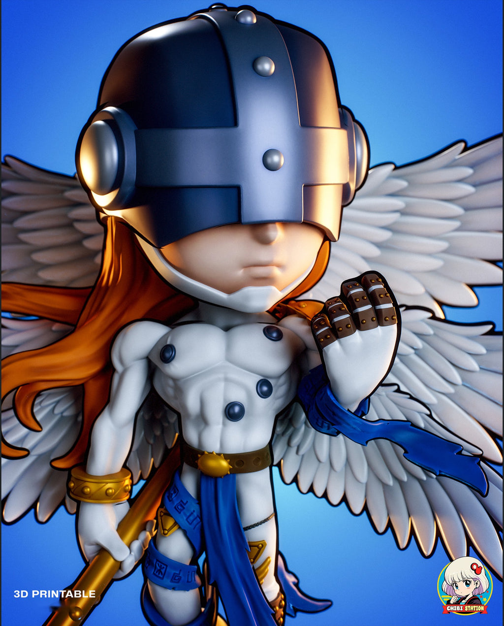 Sculptor's render (kit ships unpainted): close-up of the helmeted face and white chest with the gold belt buckle and the blue sash