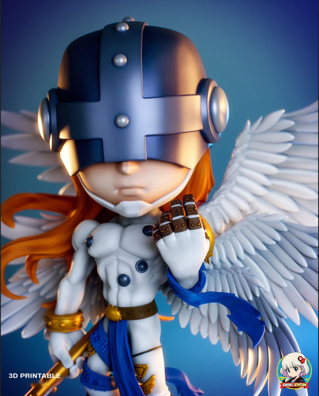 Sculptor's render (kit ships unpainted): close-up of the riveted helmet and the raised fist with studded finger plates