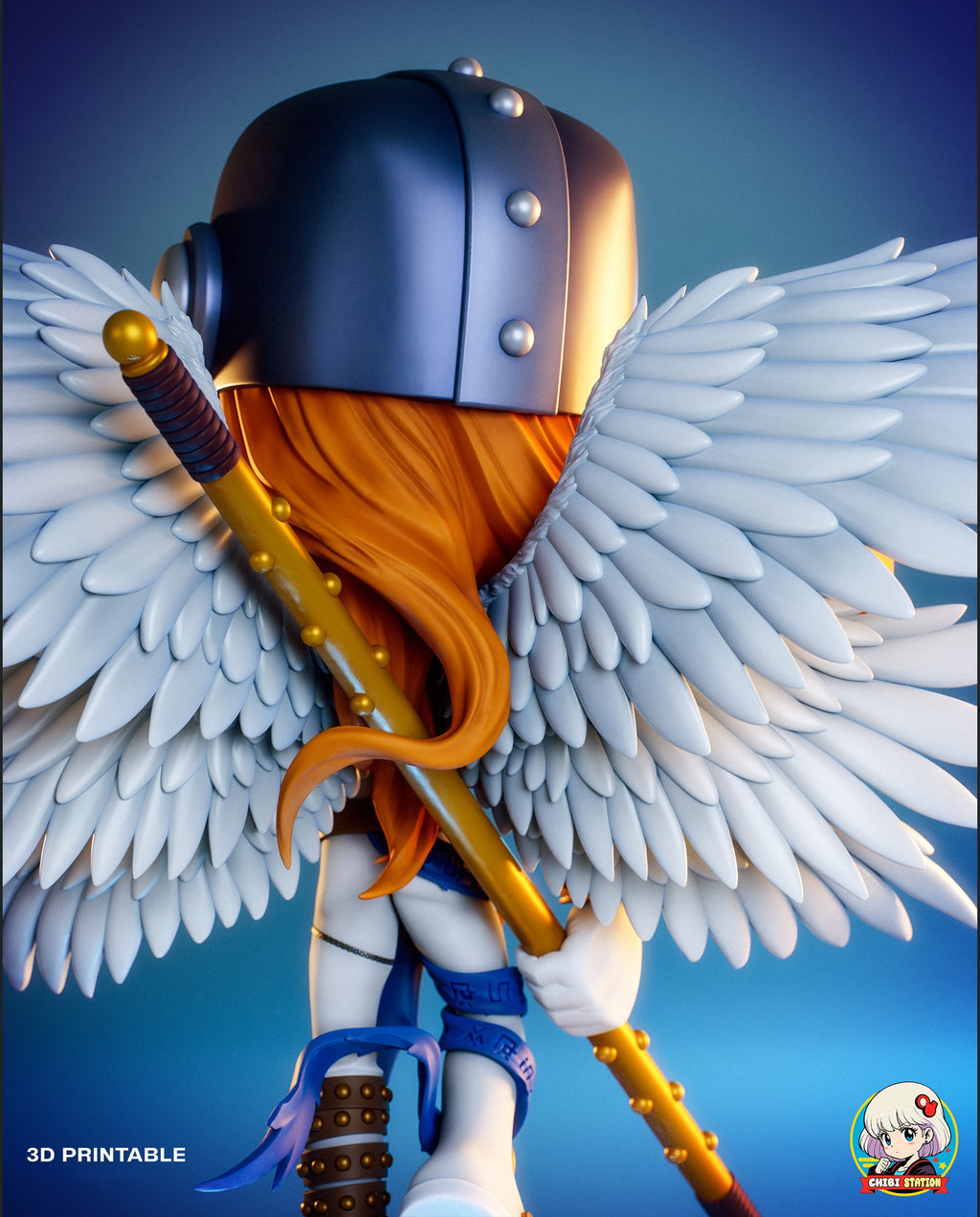 Sculptor's render (kit ships unpainted): back view of the helmet, the long orange hair and the layered wings, with the staff across his back