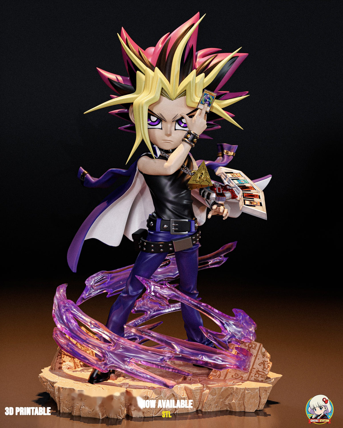 Sculptor's render of the painted design (kit ships unpainted): front view of the whole figure with a card raised to his brow and the card gauntlet on his arm, purple energy swirling around his legs on the sandstone base