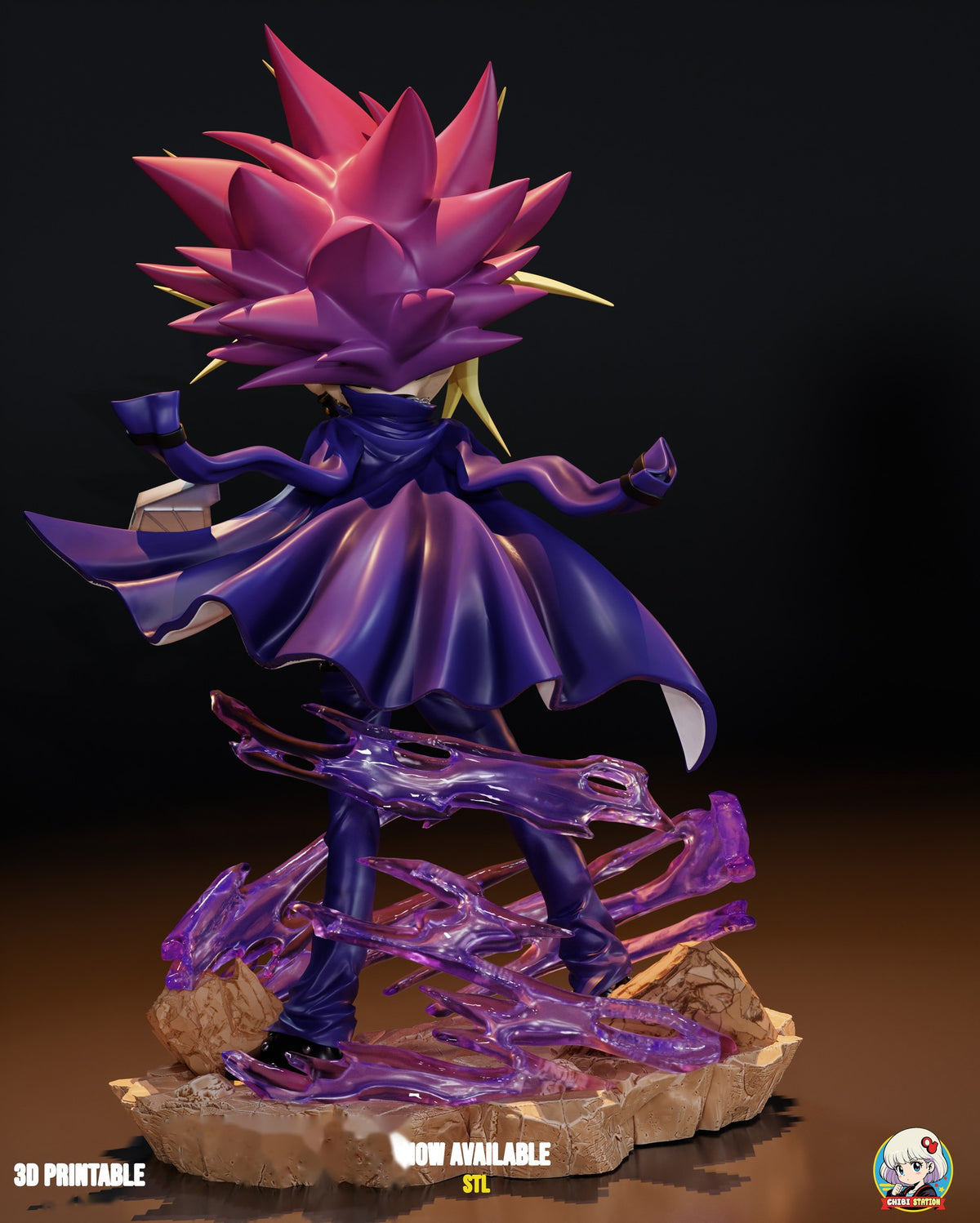 Sculptor's render (kit ships unpainted): back view of the magenta hair spikes and the violet coat above the swirl of energy