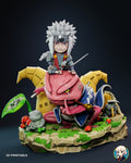 Sculptor's render of the painted design (kit ships unpainted): front view of the whole diorama, the white-haired ninja crouched on the head of a giant pink toad in a blue coat, in front of two yellow towers on a mossy rock base