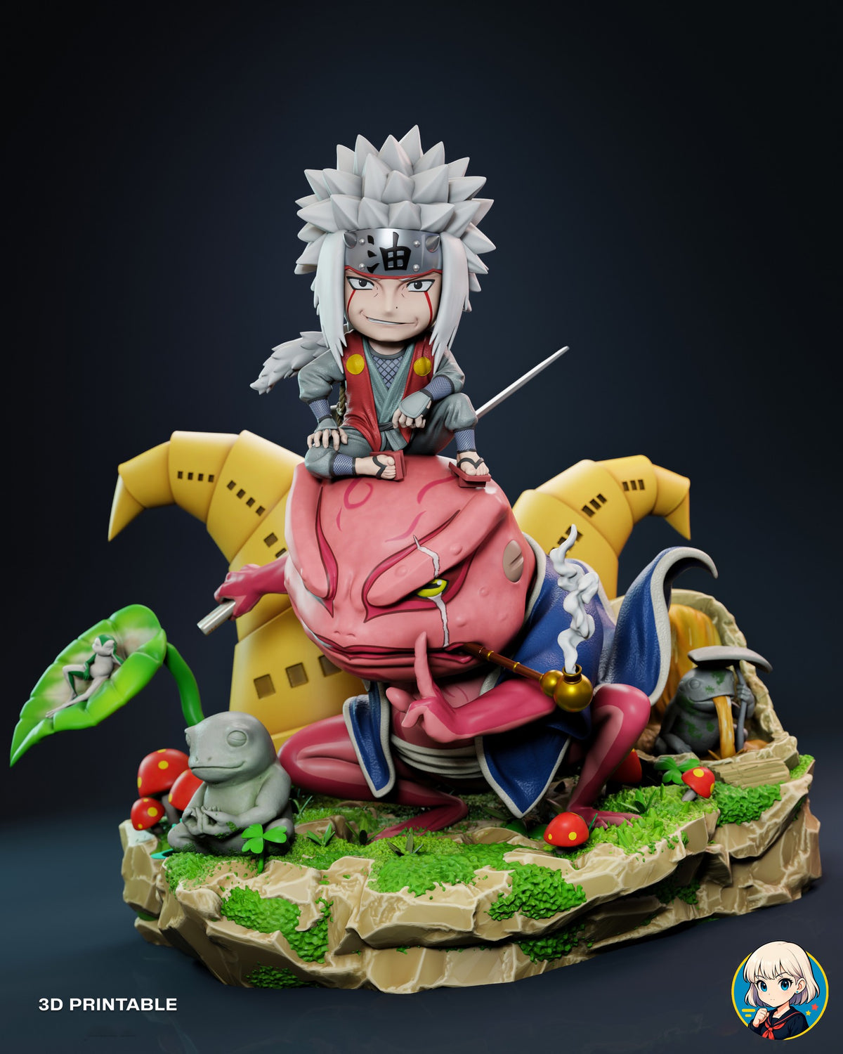 Sculptor's render of the painted design (kit ships unpainted): front view of the whole diorama, the white-haired ninja crouched on the head of a giant pink toad in a blue coat, in front of two yellow towers on a mossy rock base