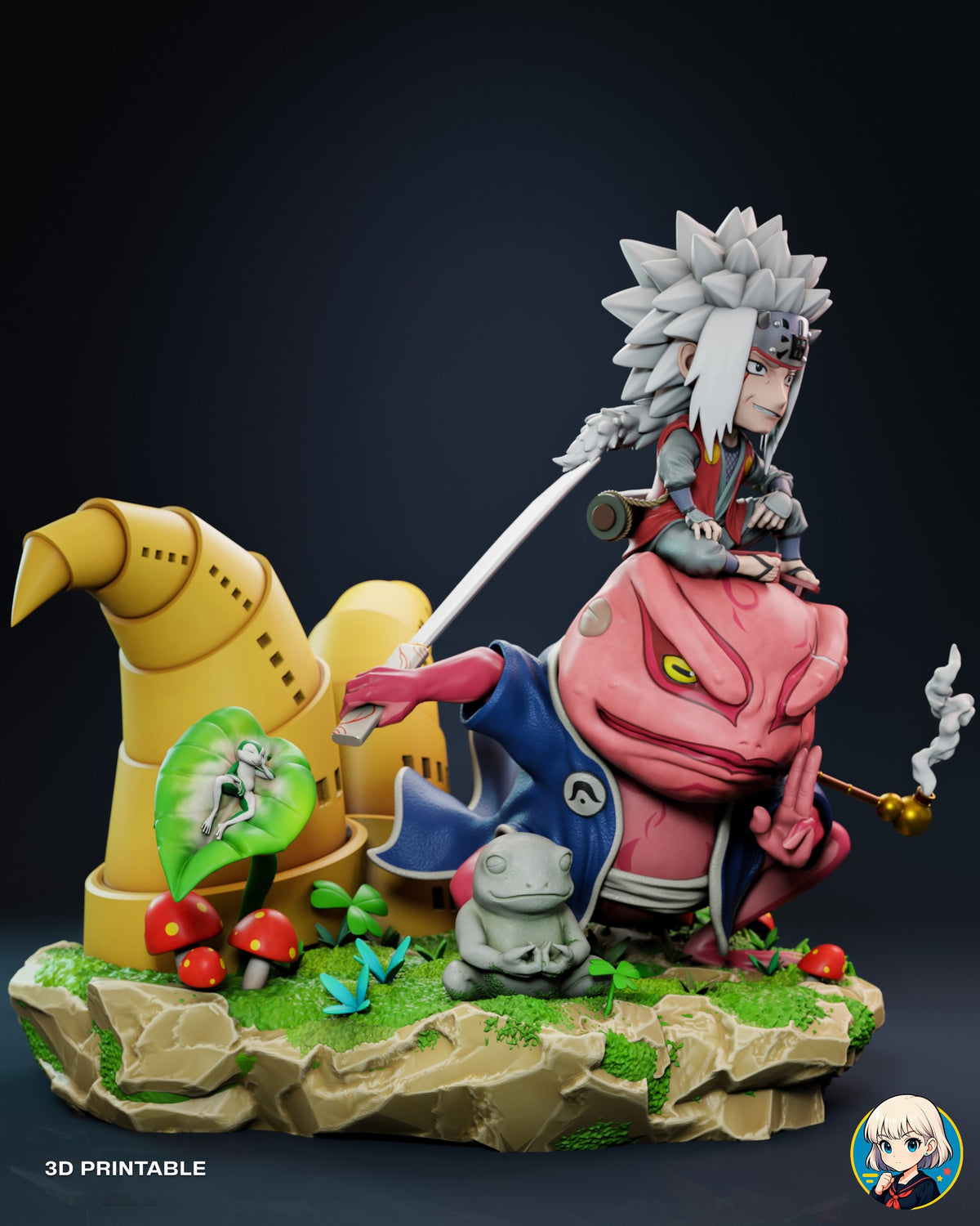 Sculptor's render (kit ships unpainted): side view with the toad's long sword, the meditating stone frog and a tiny frog asleep on a big leaf