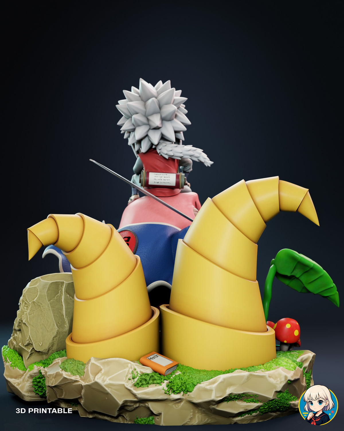 Sculptor's render (kit ships unpainted): back view of the two yellow towers, the scroll on the rider's back and the orange book on the moss
