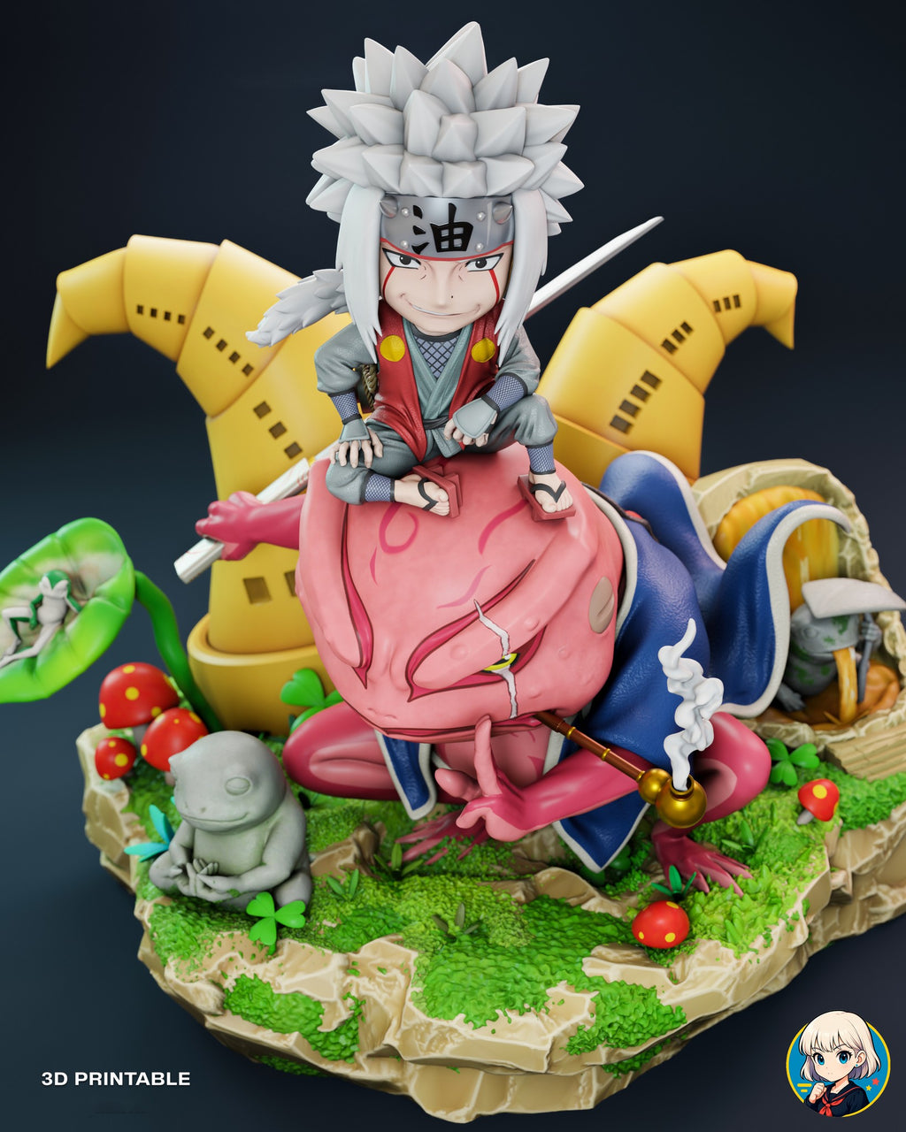 Sculptor's render (kit ships unpainted): high view looking down on the mossy base, the mushrooms and the toad's coat draped over the alcove