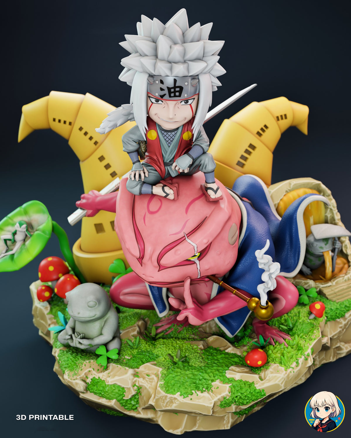 Sculptor's render (kit ships unpainted): high view looking down on the mossy base, the mushrooms and the toad's coat draped over the alcove