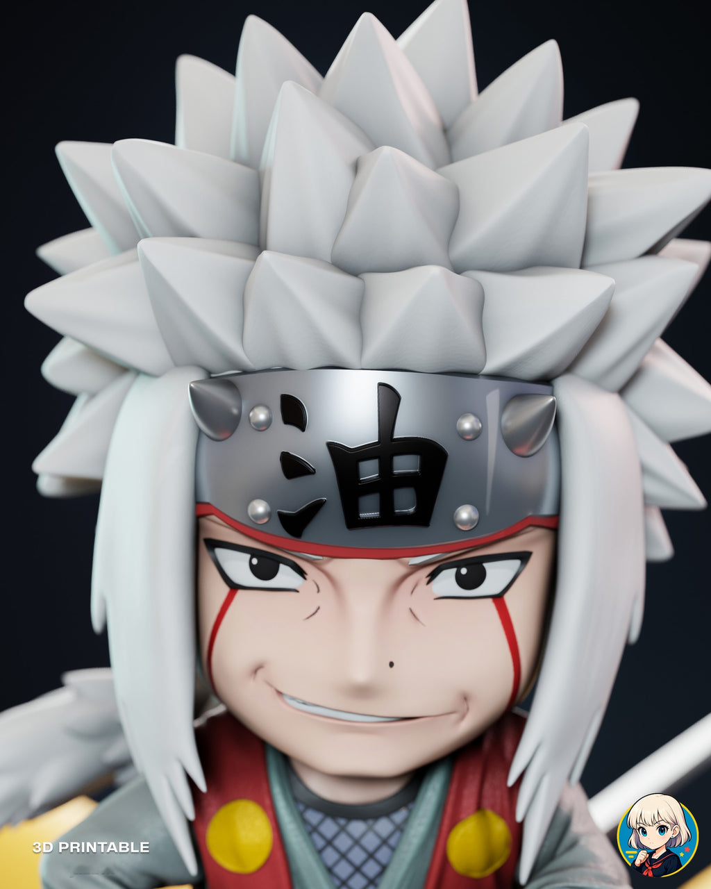 Sculptor's render (kit ships unpainted): close-up of the grinning face under spiky white hair and the horned metal headband