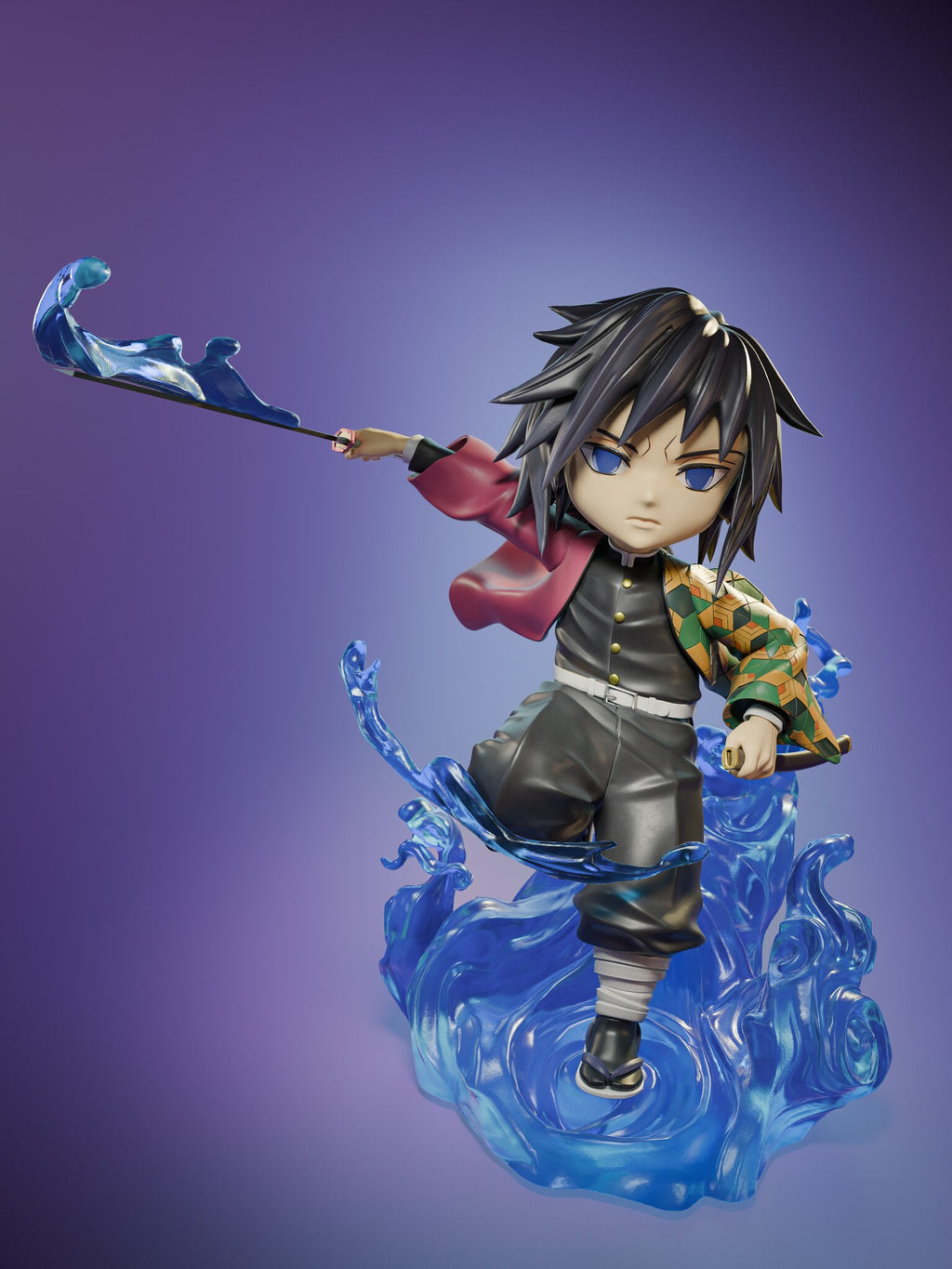 Sculptor's render of the painted design (kit ships unpainted): front three-quarter view of the swordsman on one foot in the whirlpool, sword arm straight out with water curling off the blade