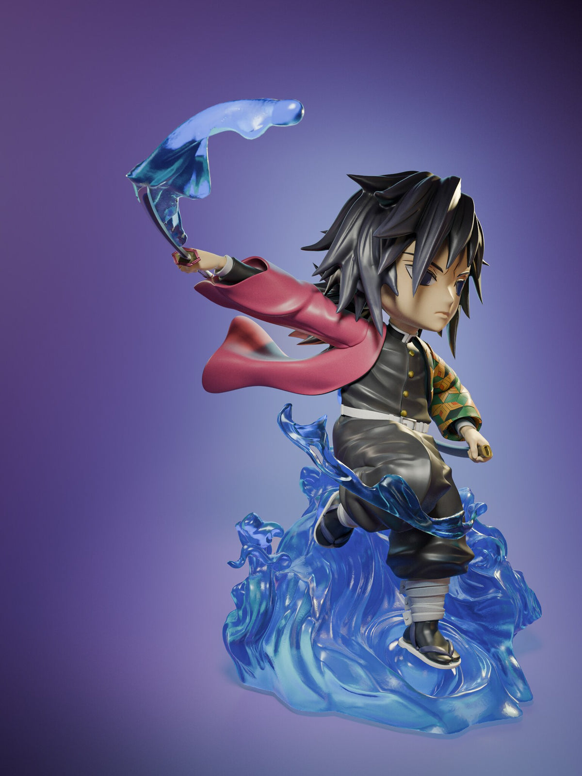 Sculptor's render (kit ships unpainted): three-quarter view from his right, the water sheet arching over the blade and the maroon flap trailing from his sword arm