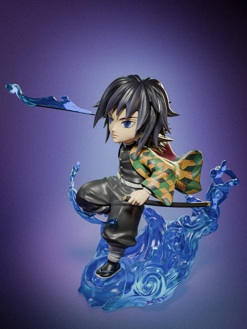 Sculptor's render (kit ships unpainted): front view from his left showing the hexagon-pattern sleeve, the black scabbard and the spiral eddy in the base