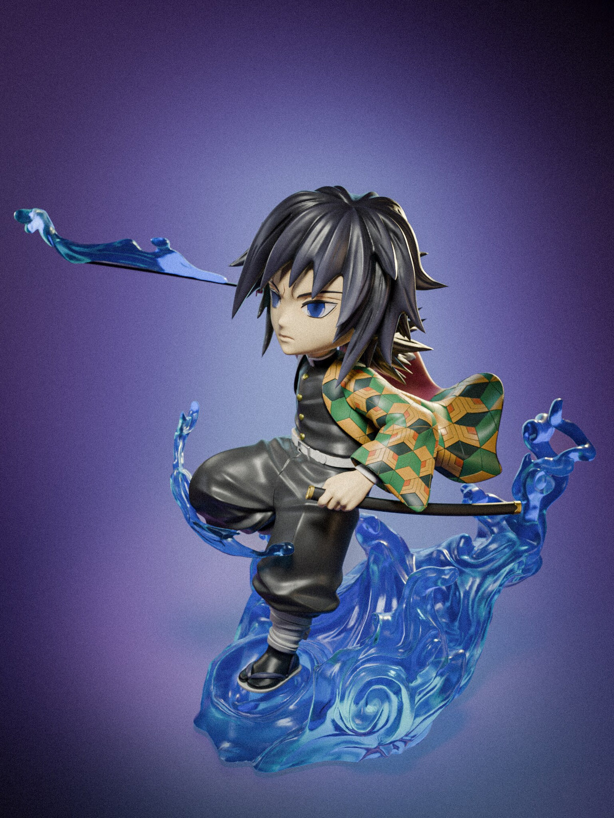 Sculptor's render (kit ships unpainted): front view from his left showing the hexagon-pattern sleeve, the black scabbard and the spiral eddy in the base