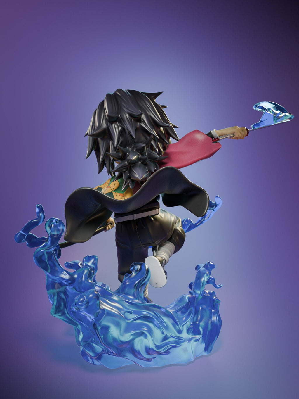 Sculptor's render (kit ships unpainted): back view with the spiky tail of hair, the black panel flaring across his back and the curling back wall of water