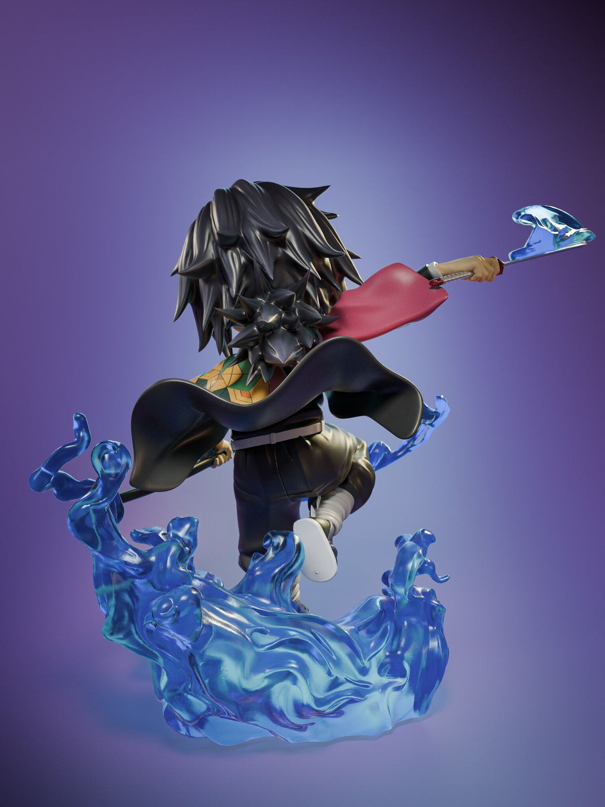 Sculptor's render (kit ships unpainted): back view with the spiky tail of hair, the black panel flaring across his back and the curling back wall of water