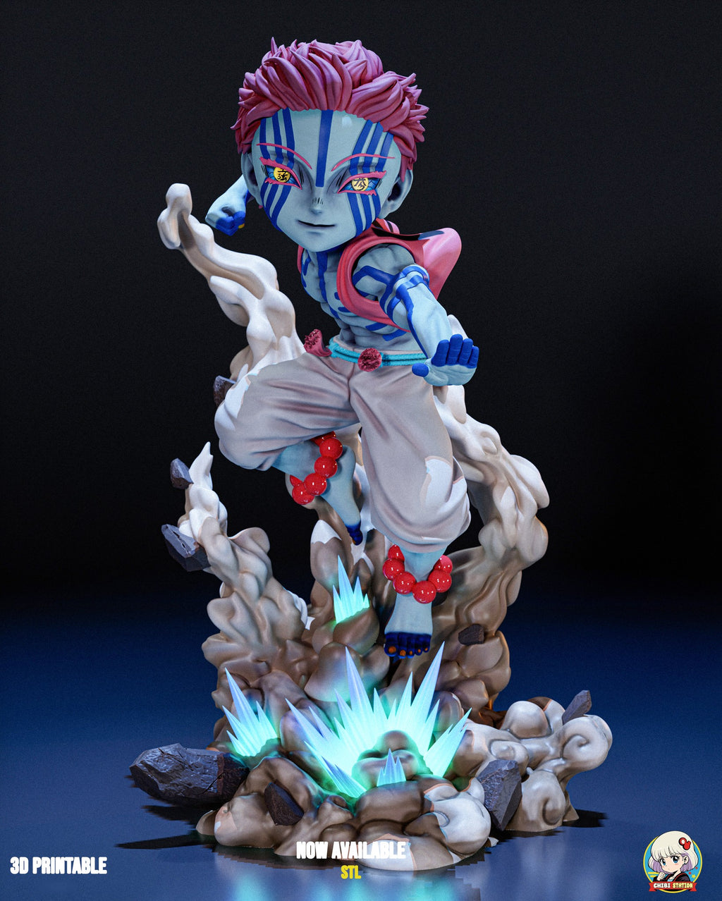 Sculptor's render of the painted design (kit ships unpainted): front view of the whole scene, the striped fighter leaping out of a dust crater with a cyan spike burst at the center of the base