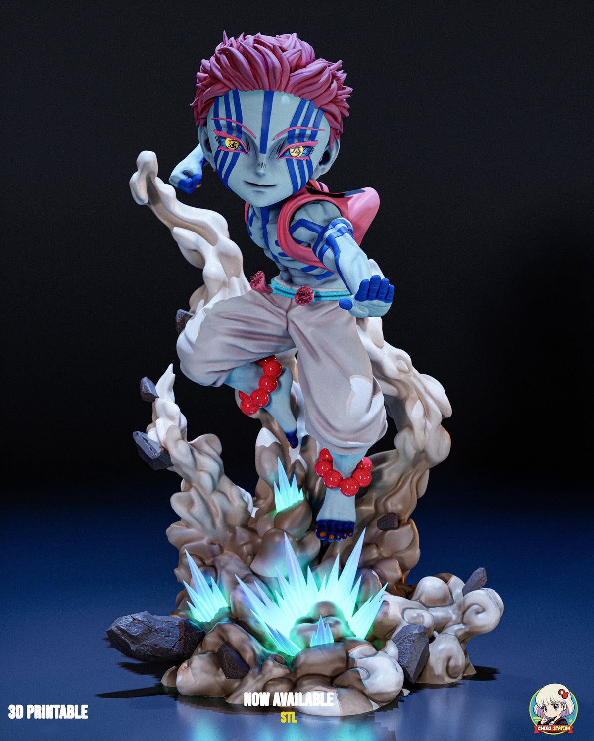 Sculptor's render of the painted design (kit ships unpainted): front view of the whole scene, the striped fighter leaping out of a dust crater with a cyan spike burst at the center of the base