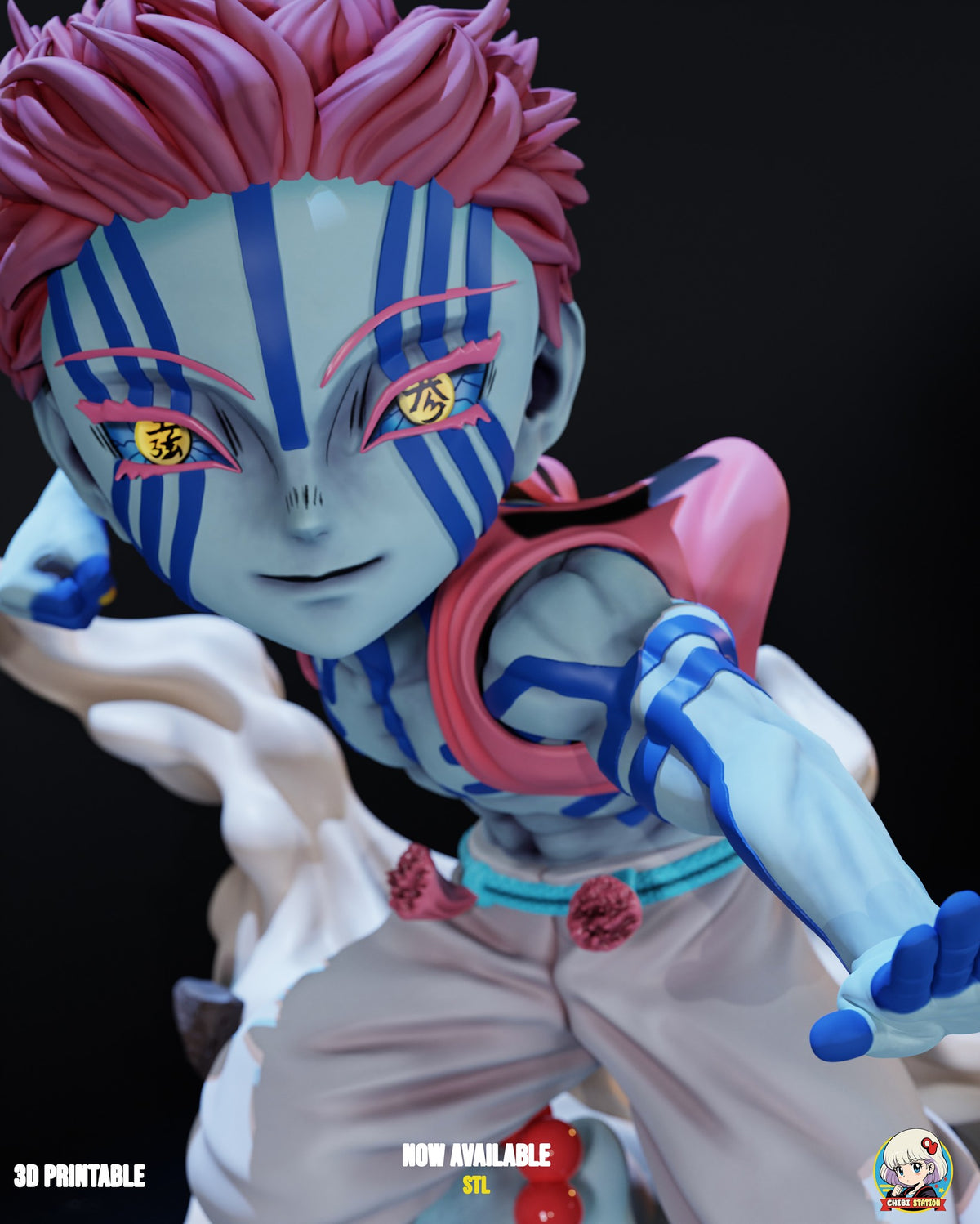 Sculptor's render (kit ships unpainted): close-up of the face, with gold eyes, pink markings around the eyes and blue stripes over pale blue-gray skin