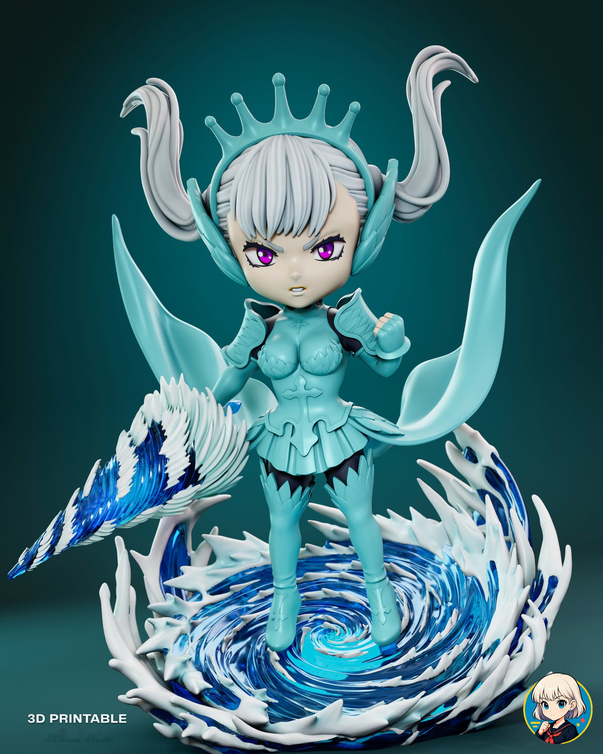 Sculptor's render of the painted design (kit ships unpainted): full front view of the chibi teal-armored water mage in a spiked crown on a blue-and-white whirlpool base, holding a drill-shaped water sword out to one side