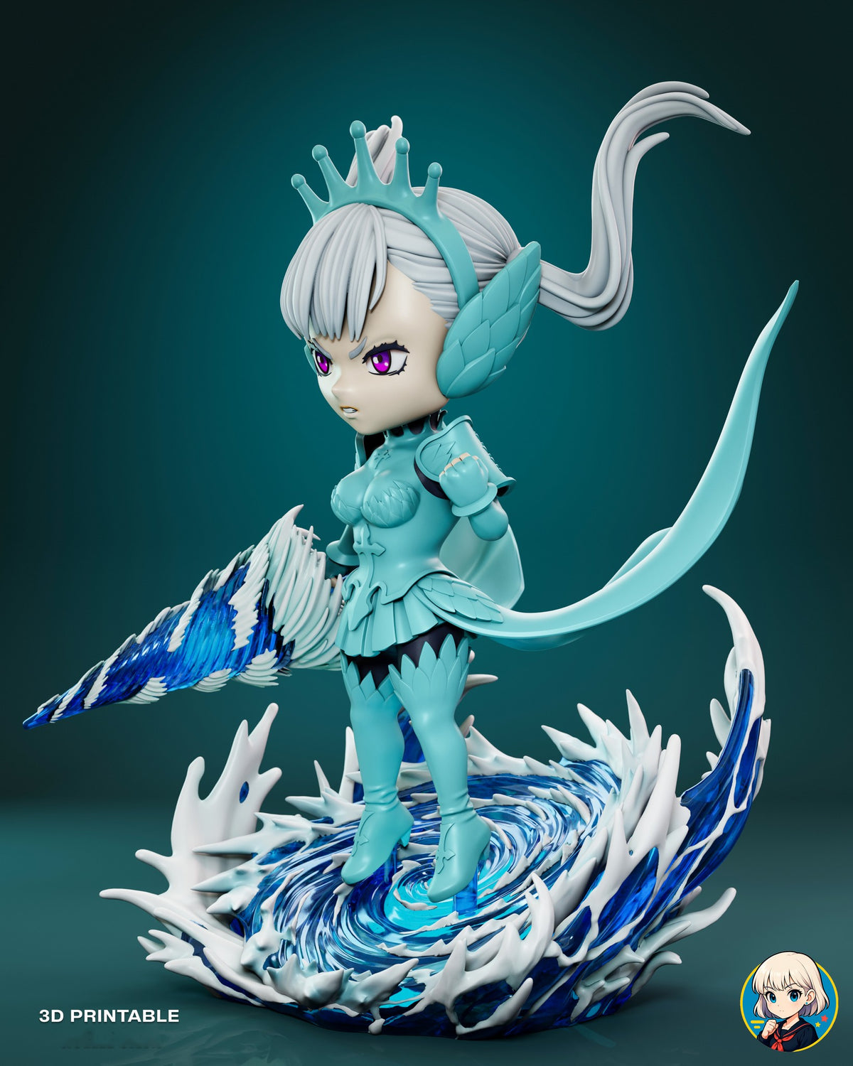 Sculptor's render (kit ships unpainted): three-quarter view from her left with the sword held low and a tall wave curling up behind her