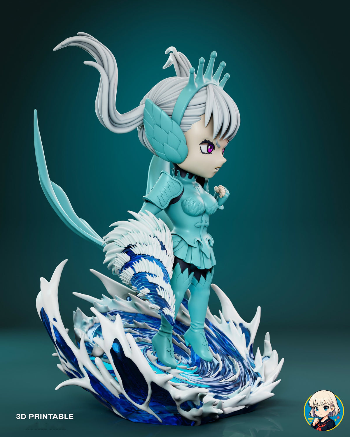 Sculptor's render (kit ships unpainted): three-quarter view from her right with the spiral water sword angled toward the viewer