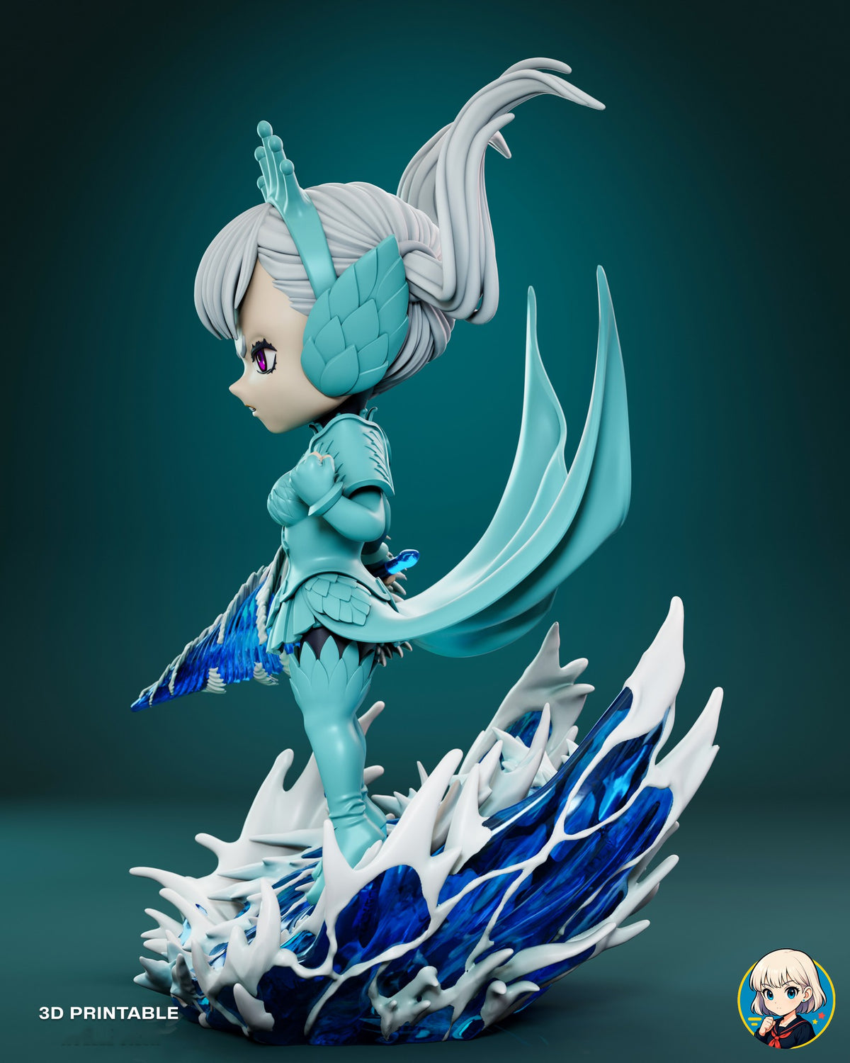 Sculptor's render (kit ships unpainted): side view facing left with the winged ear guard, the raised fist and a translucent blue wave behind her