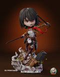 Sculptor's render of the painted design (kit ships unpainted): front three-quarter view of the chibi twin-blade soldier in a red scarf, one boot planted on a smoking rooftop with a brick chimney
