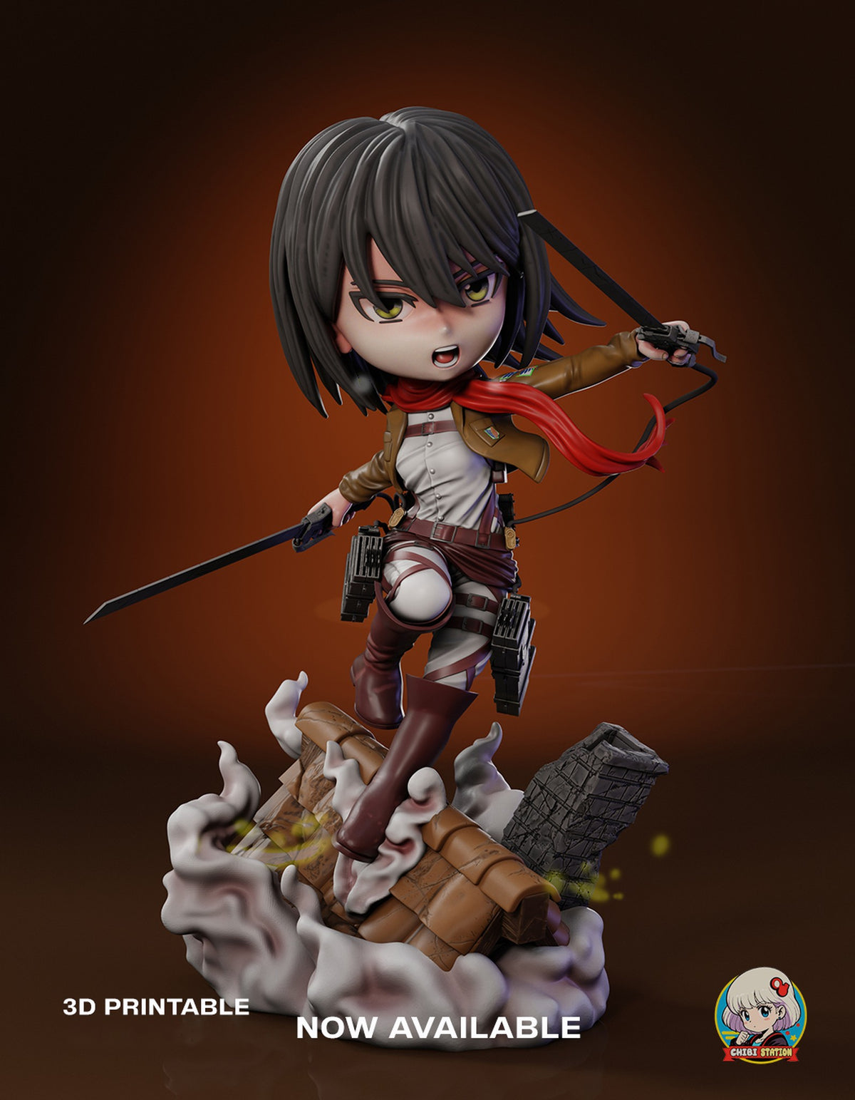 Sculptor's render of the painted design (kit ships unpainted): front three-quarter view of the chibi twin-blade soldier in a red scarf, one boot planted on a smoking rooftop with a brick chimney
