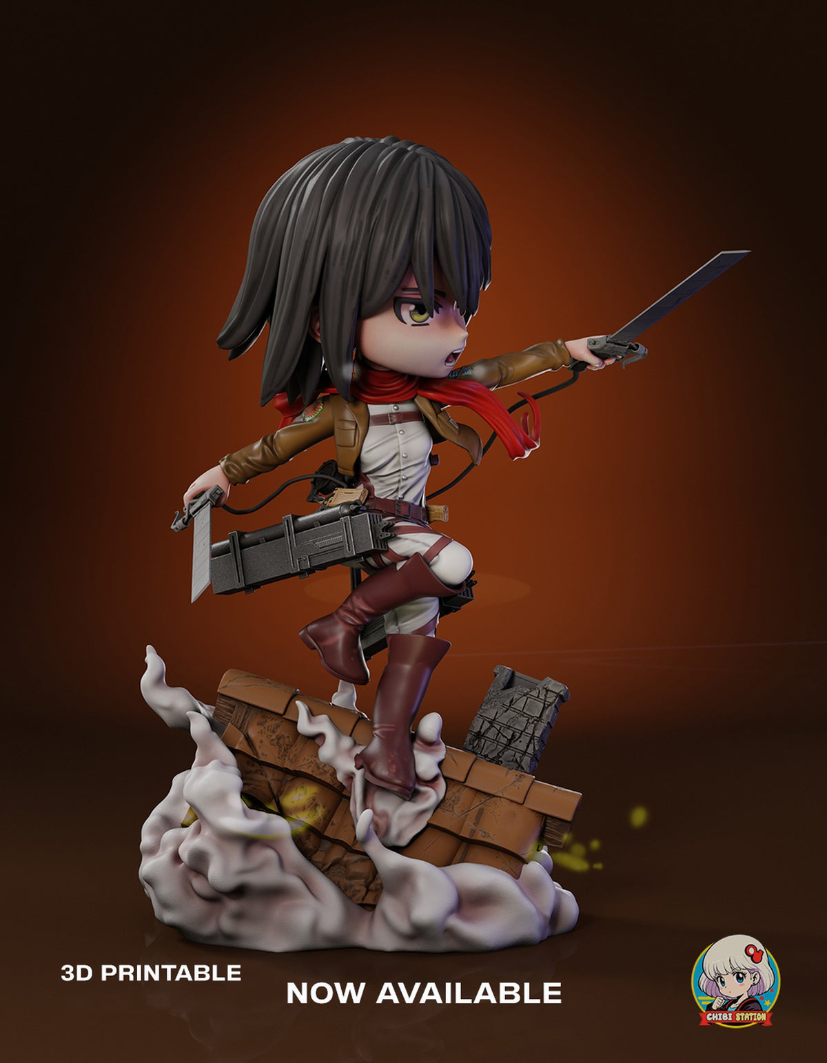 Sculptor's render (kit ships unpainted): three-quarter view from her right, mid-stride on the tiled roof ridge with one blade raised and one held low