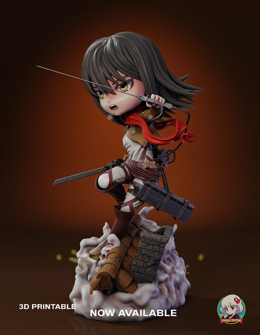 Sculptor's render (kit ships unpainted): three-quarter view from her left with a blade raised across her face, a long blade case on her hip and the chimney below