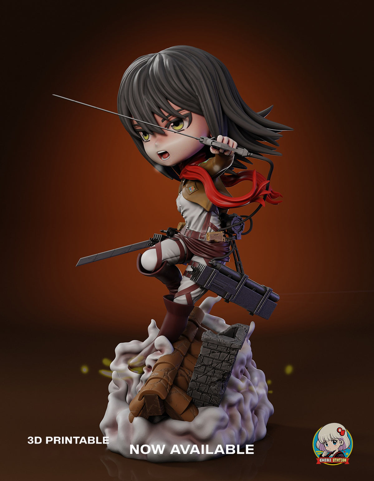 Sculptor's render (kit ships unpainted): three-quarter view from her left with a blade raised across her face, a long blade case on her hip and the chimney below