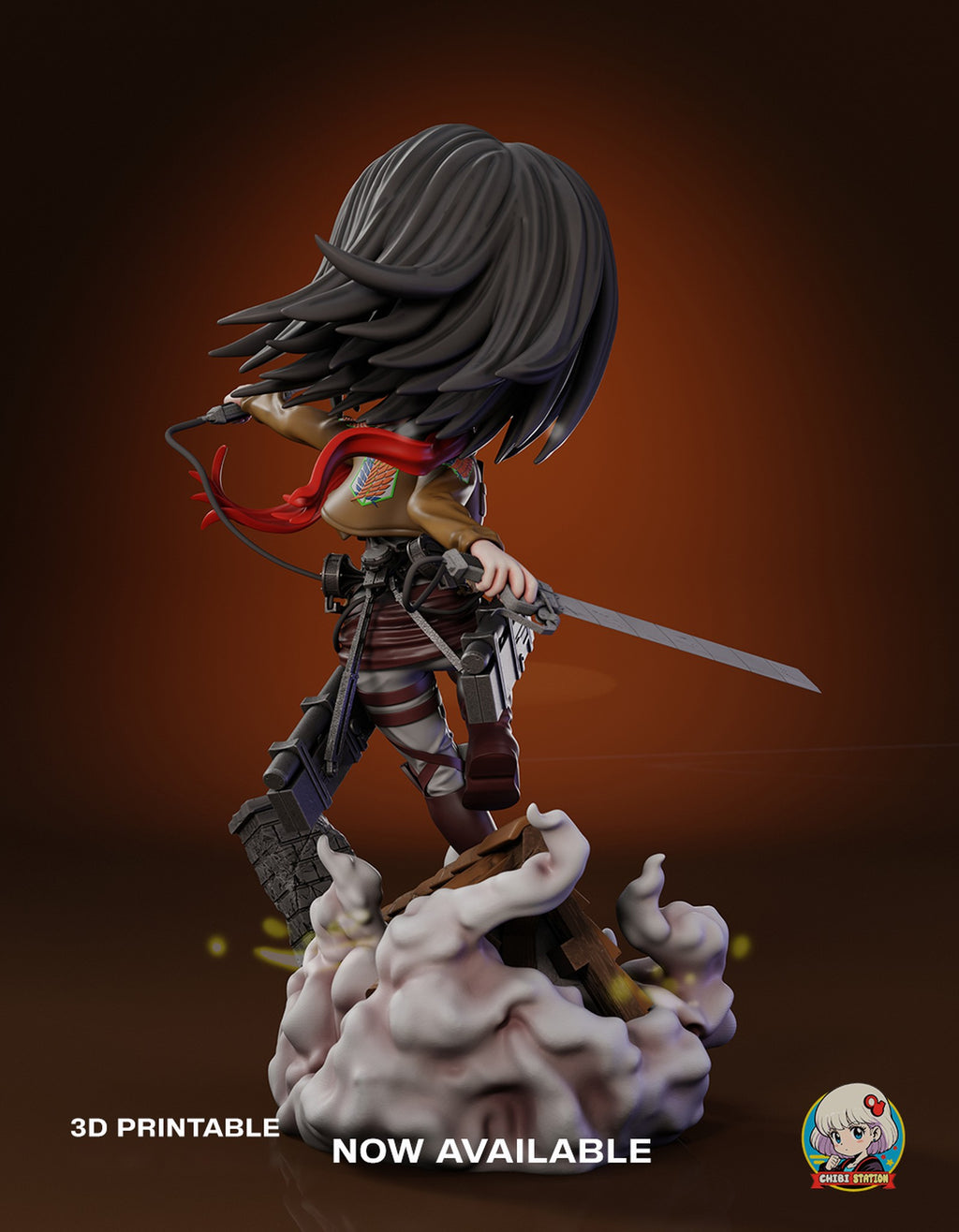 Sculptor's render (kit ships unpainted): back view with the wings emblem on the brown jacket, the belt reels and cables and the broken end of the roof