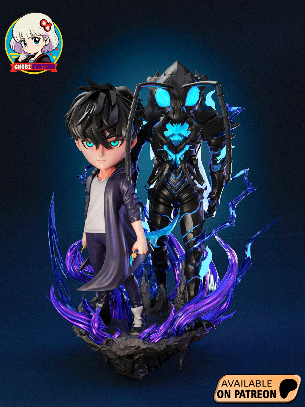 Sculptor's render of the painted design (kit ships unpainted): front view of the whole scene, the twin-dagger fighter in a hooded coat with the tall winged ant knight behind him, in purple flames and blue lightning on a floating rock