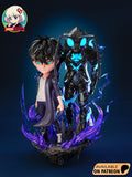 Sculptor's render of the painted design (kit ships unpainted): front view of the whole scene, the twin-dagger fighter in a hooded coat with the tall winged ant knight behind him, in purple flames and blue lightning on a floating rock