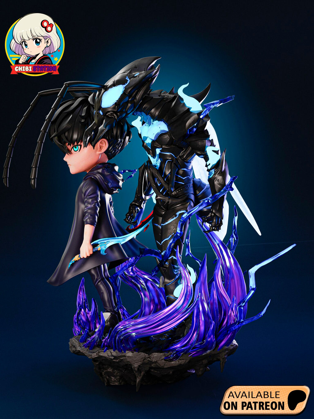 Sculptor's render (kit ships unpainted): side view with the ant knight leaning over the fighter, its long antennae arching past his face