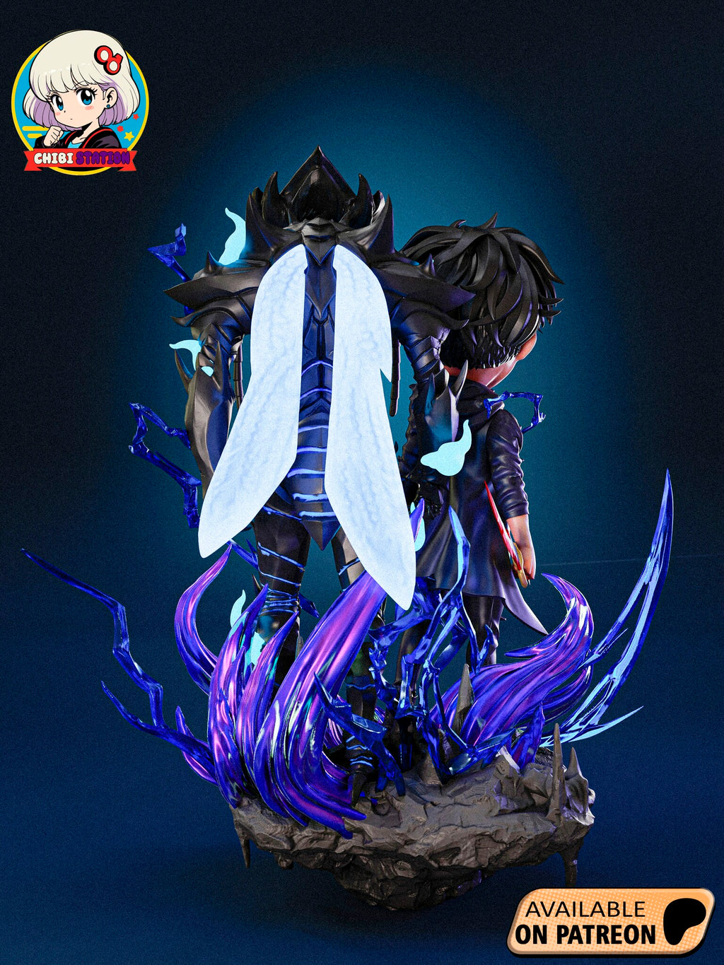 Sculptor's render (kit ships unpainted): back view of the ant knight's long translucent wings beside the fighter's hooded coat, above the swirling flames