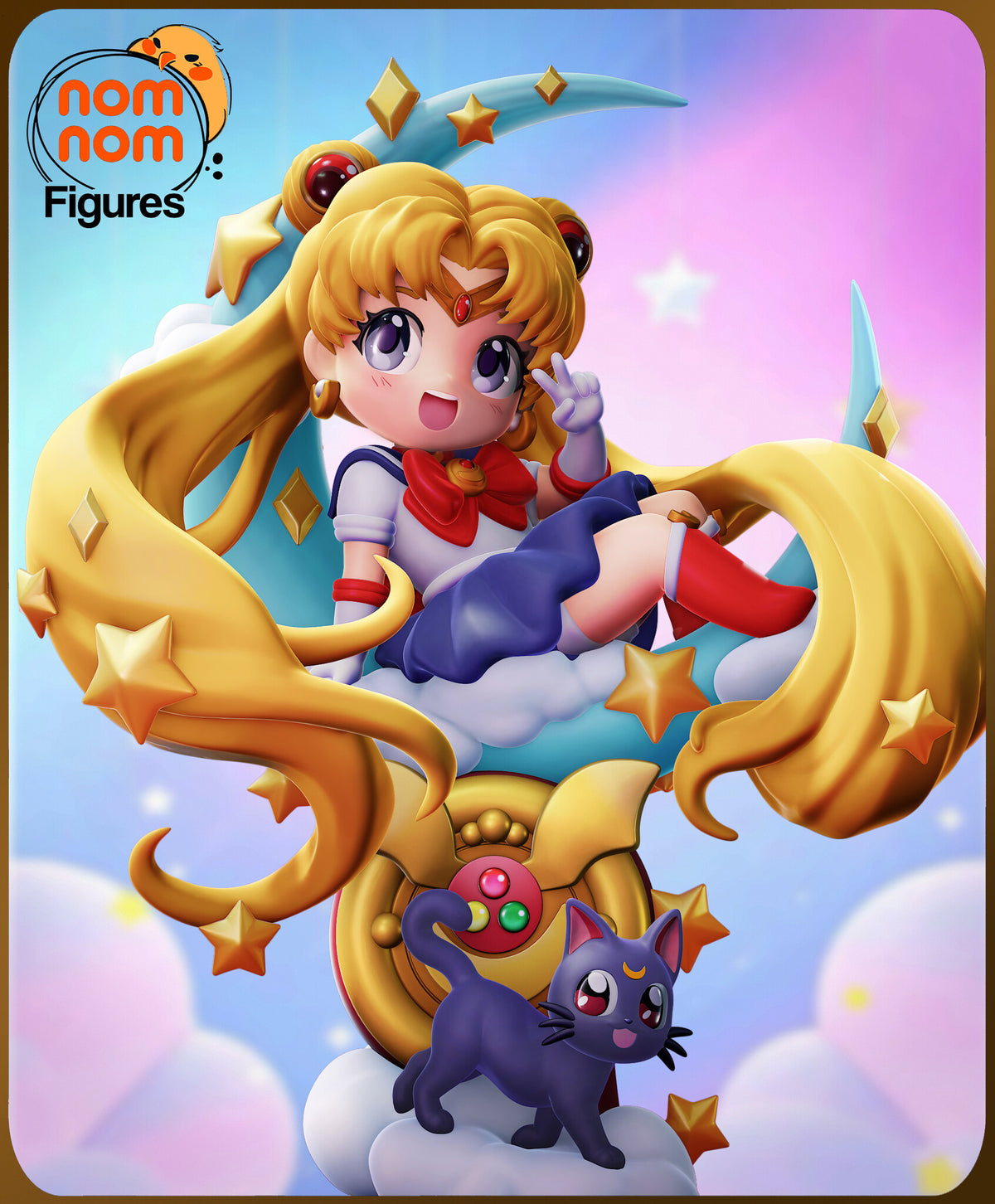 Sculptor's render (kit ships unpainted): closer, lower front view of the laughing face, the long golden twin-tails with stars and the cat on its cloud