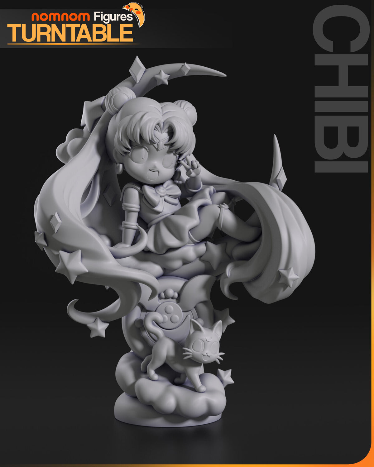 Sculptor's render (kit ships unpainted): gray front three-quarter view of the whole sculpt from the crescent tip to the round disc