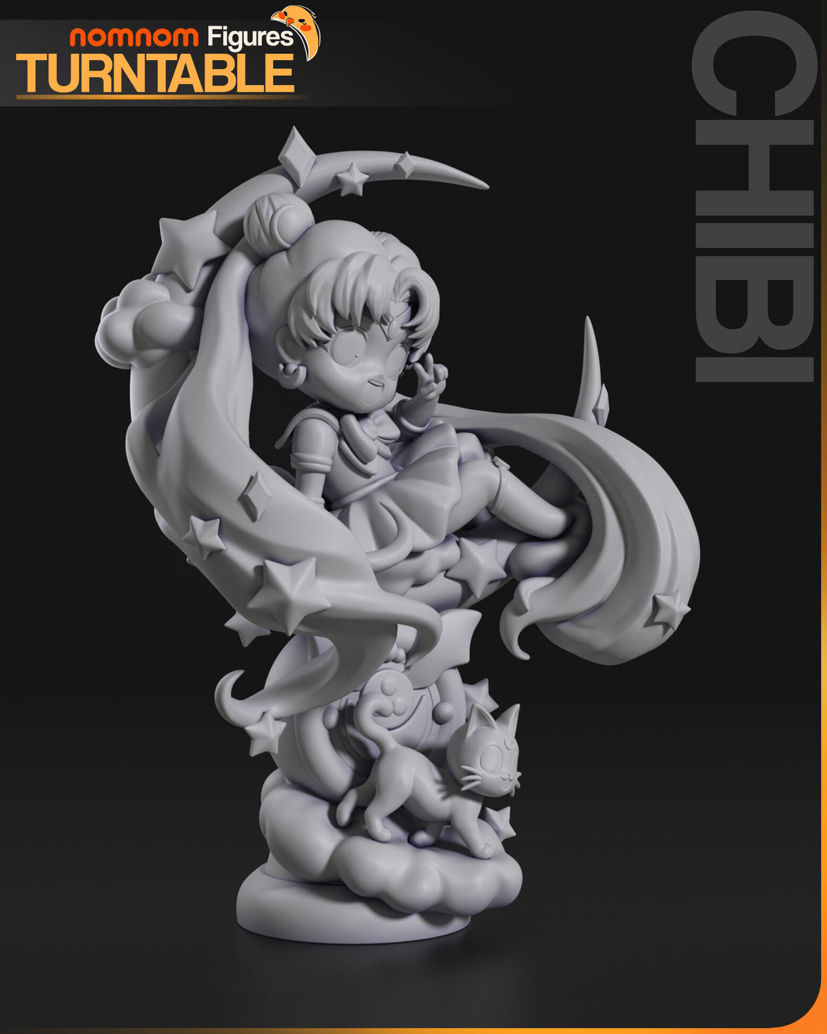 Sculptor's render (kit ships unpainted): gray three-quarter view from the other side, the twin-tails sweeping around the moon