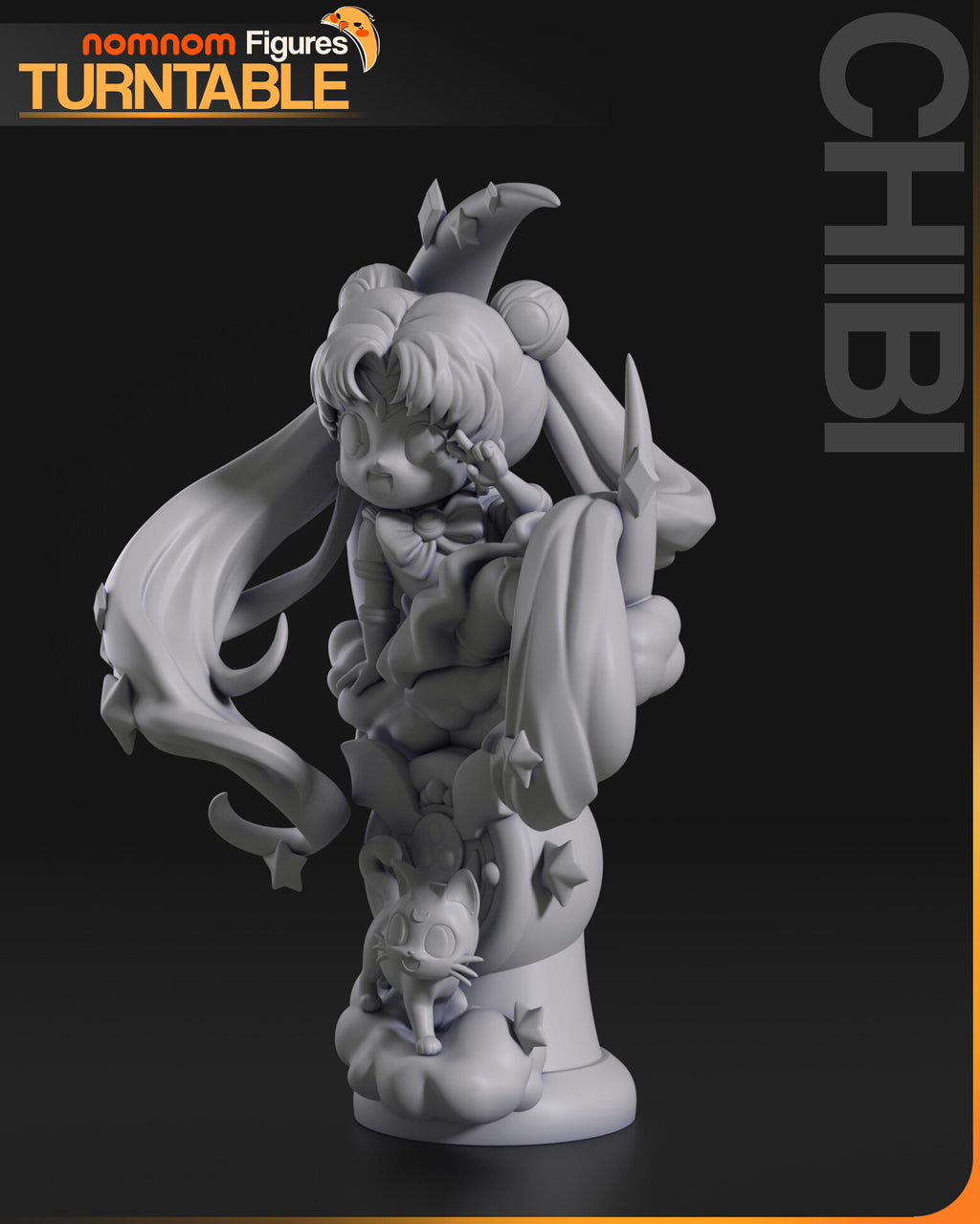 Sculptor's render (kit ships unpainted): gray side view showing the moon resting on the brooch pedestal