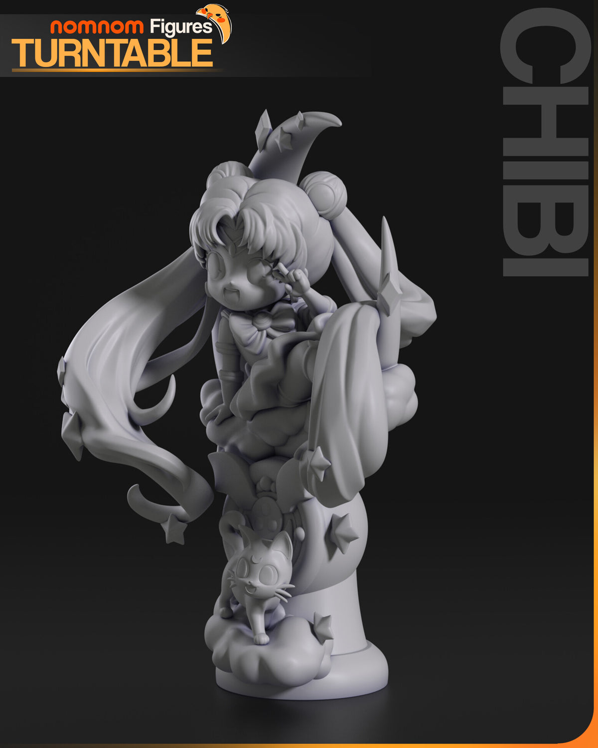 Sculptor's render (kit ships unpainted): gray side view showing the moon resting on the brooch pedestal