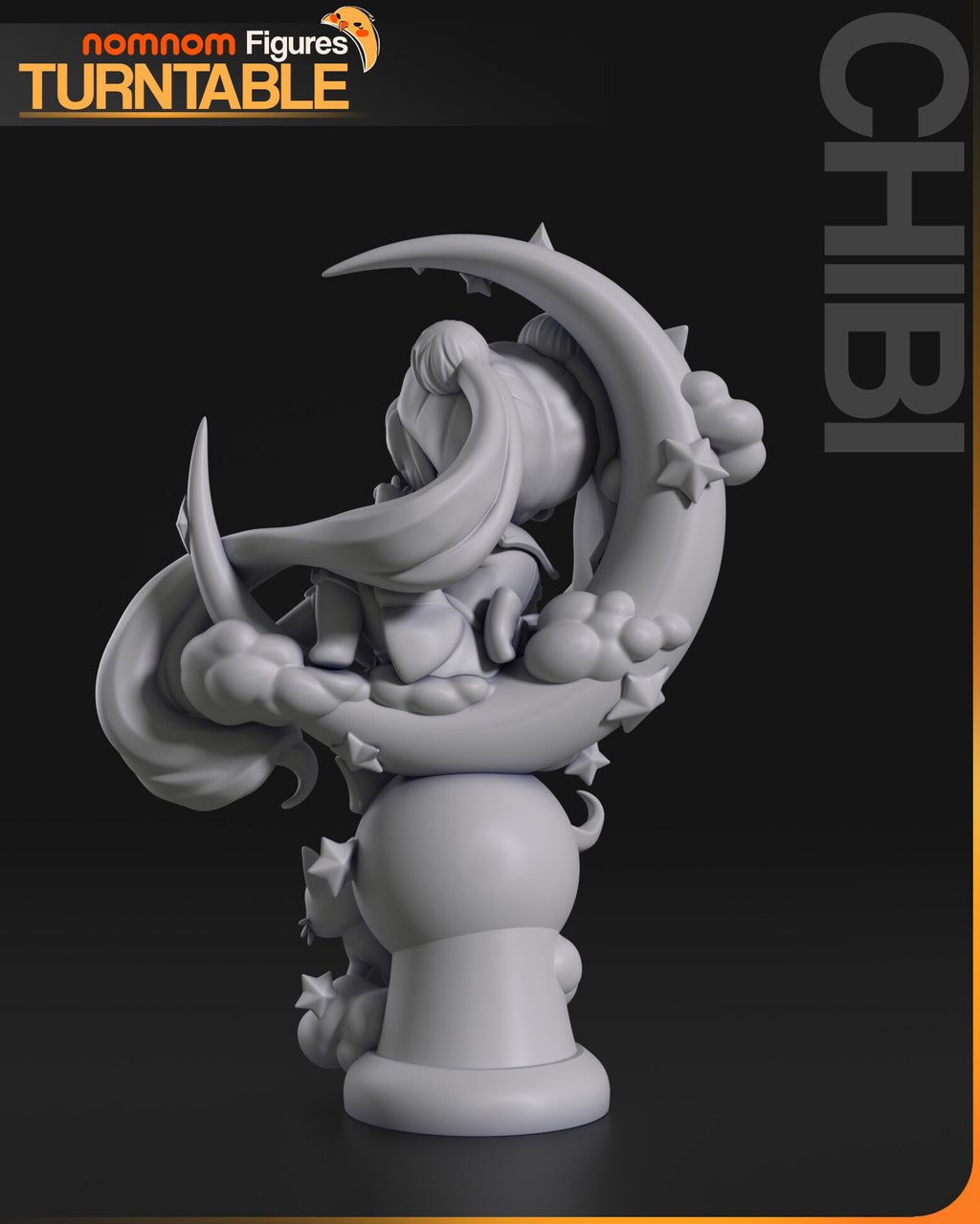 Sculptor's render (kit ships unpainted): gray rear view of the crescent moon, the clouds and the back of the pedestal