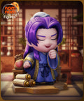 Sculptor's render of the painted design (kit ships unpainted): front three-quarter view of the chibi courtier laughing behind his sleeve, beside a stool with a heart pouch and stacked scrolls on the plank base