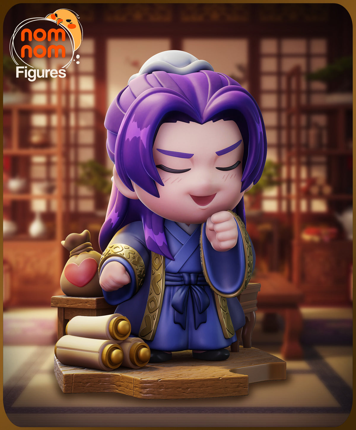 Sculptor's render of the painted design (kit ships unpainted): front three-quarter view of the chibi courtier laughing behind his sleeve, beside a stool with a heart pouch and stacked scrolls on the plank base