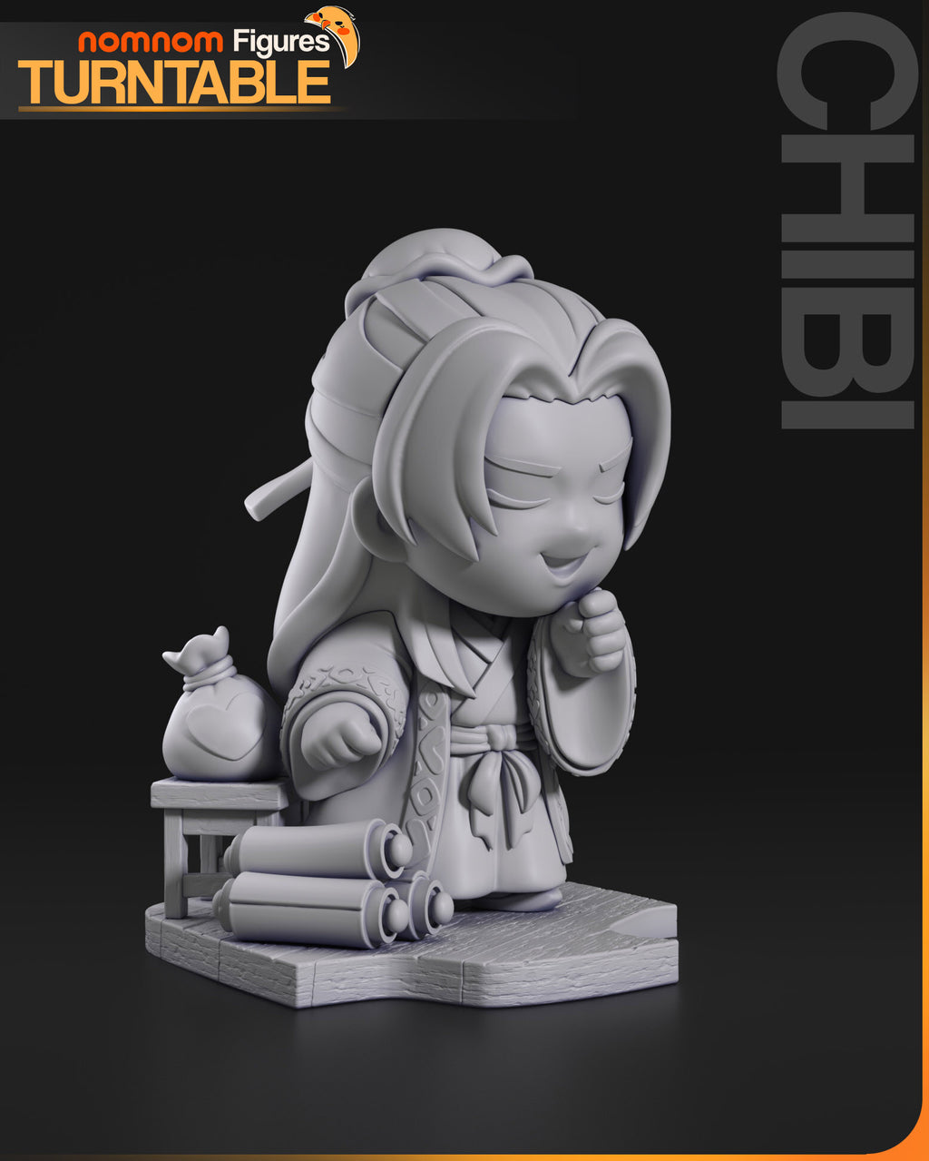 Sculptor's render (kit ships unpainted): unpainted gray three-quarter view with the pouch on its stool and the scrolls in front