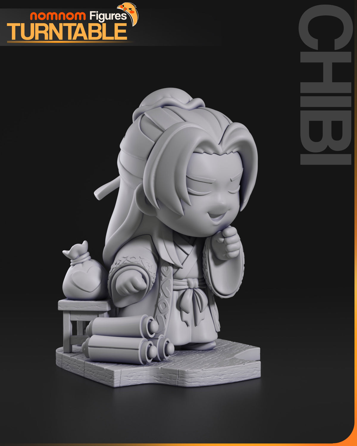 Sculptor's render (kit ships unpainted): unpainted gray three-quarter view with the pouch on its stool and the scrolls in front